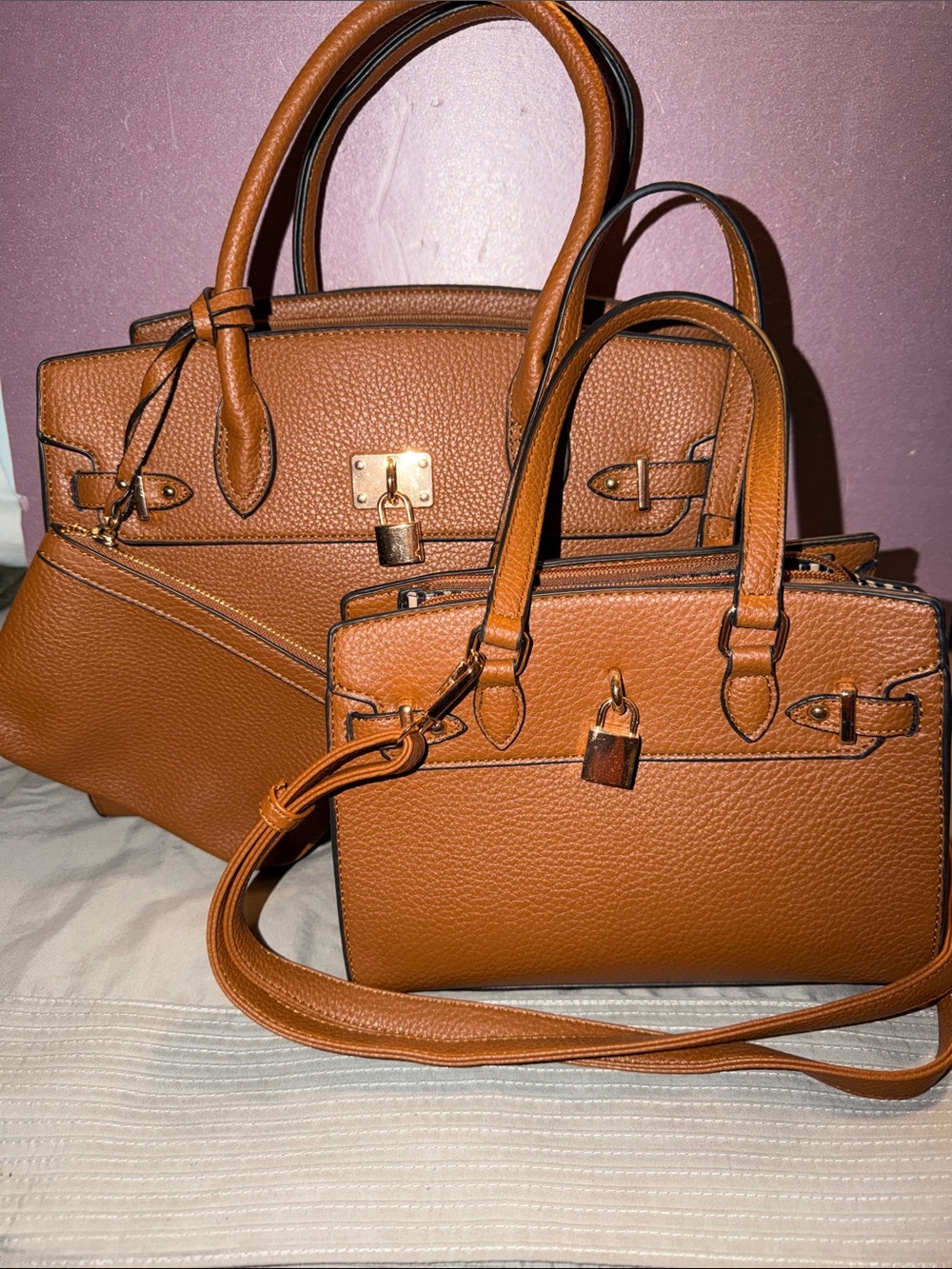 NWOT 3-Piece Cognac Brown Pebbled Vegan Leather Satchel & Tote Bag Set